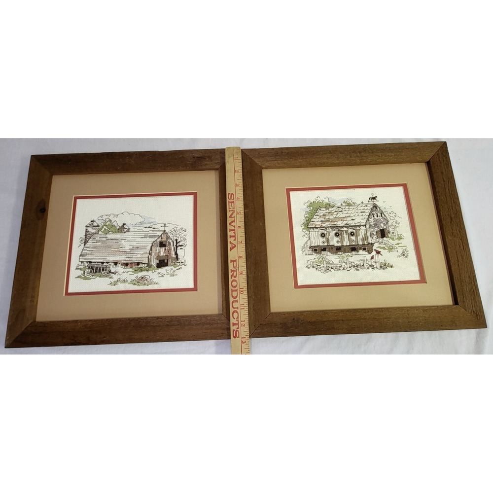 2 Embroidery Handmade Framed Needlework Barn Scenes Folk Art Country Farmhouse - Picture 8 of 10